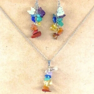 Pretty Handmade Chakra Reiki Rainbow Real Stone Necklace & Earring Set NWT